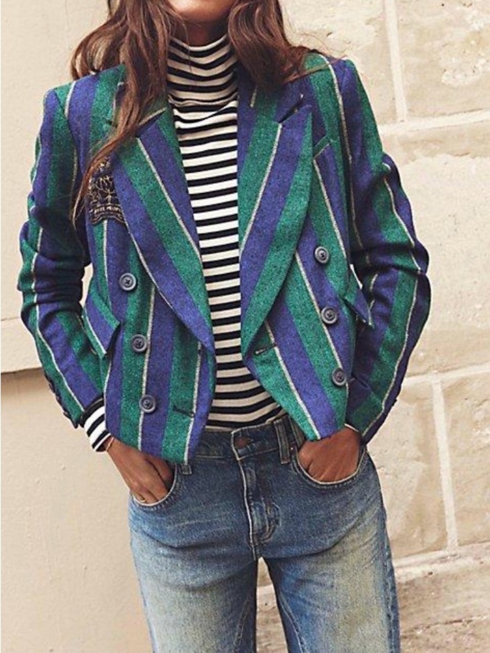 Free People Striped Double-Breasted Blazer in Green & Blue